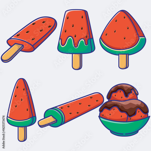 Ice cream stick watermelon, bitten summer sundae, cartoon vector icon. Soft dessert, sweet food set isolated on white background.