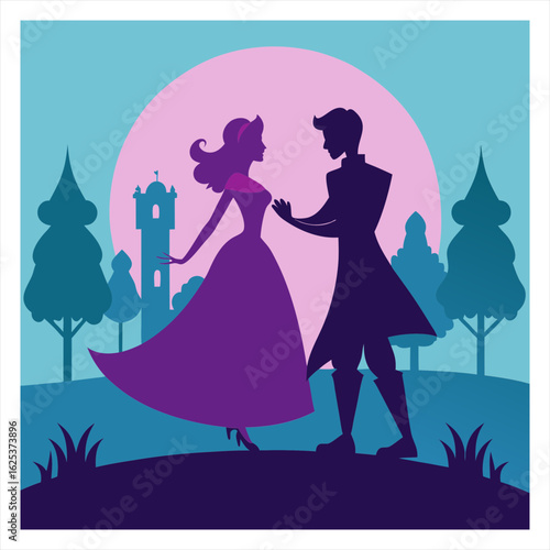 A romantic vector illustration of a princess and a prince.