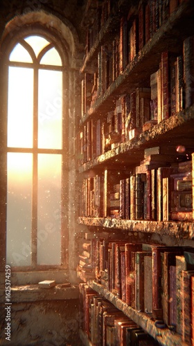 Pixelated Library With Sunlight Streaming Through Window