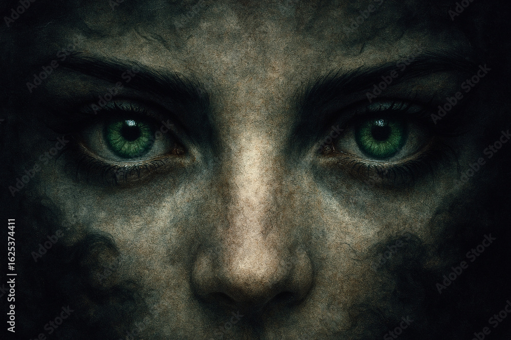Naklejka premium Close up of a mysterious female face with intense green eyes and textured, smoky skin in a dark, surreal atmosphere.