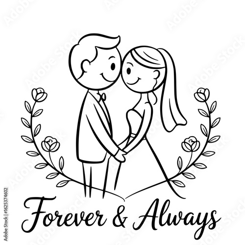 Wedding Embrace: A tender moment captured in a monochrome illustration: a bride and groom, hand-in-hand, enveloped by a floral wreath and the promise of Forever & Always.