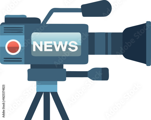 Blue News Camera on Tripod Isolated on White Background Broadcast Journalism Equipment Video