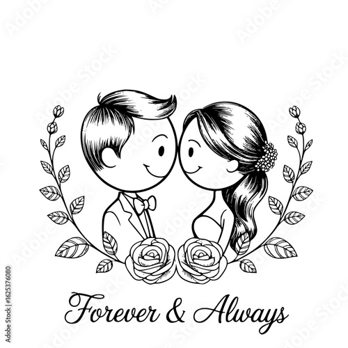 Forever & Always: A sweet black and white illustration captures a loving couple, framed by a floral wreath and the promise of Forever & Always. The image conveys timeless love.