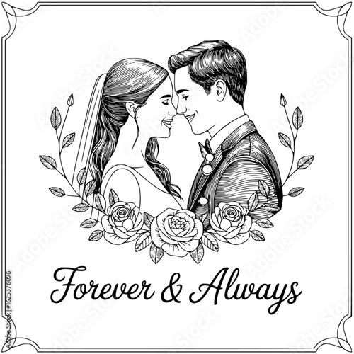 Timeless Wedding Couple Embrace: Romantic black and white illustration of a bride and groom sharing an intimate moment, framed by roses and foliage, conveying the eternal bond of Forever & Always.