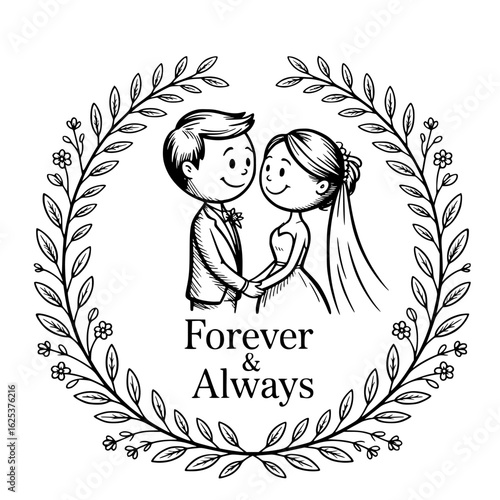 Endless Love: A touching sketch, capturing the joy of a couple's eternal bond, framed in an elegant floral wreath. A testament to love's enduring beauty and the promise of Forever & Always.
