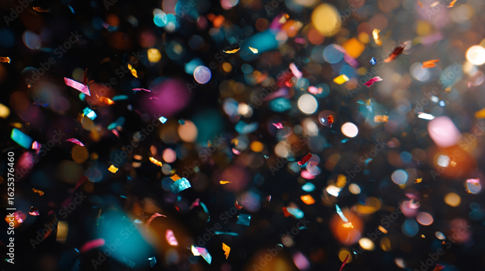 Naklejka premium Colorful confetti and light bubbles floating in slow-motion against dark background, Holiday marketing, event promotion, social media celebration posts, music video backgrounds