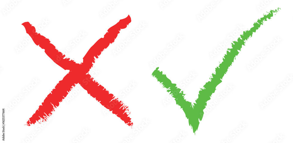 Hand drawn of Green check mark and Red cross isolated. Right and wrong icon. Vector illustration. Hand drawn of Green check mark and Red cross isolated. Right and wrong icon. Vector illustration.