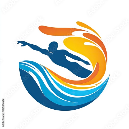 Swimming Sport Logo Divers entry with zero splash lane ropes receding pools blue depth fluid perfection isolated on white background