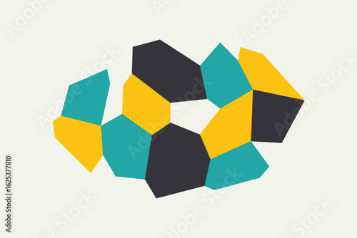 Abstract design featuring geometric shapes in yellow teal and dark gray arranged in a circular pattern