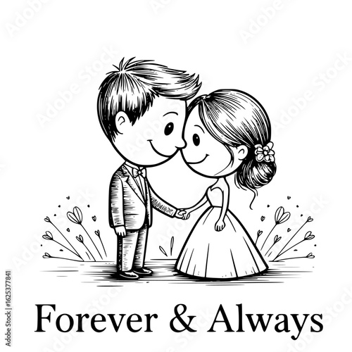 Forever and Always: A romantic pen and ink drawing of a couple, capturing the sentiment of everlasting love and commitment for a lifetime.