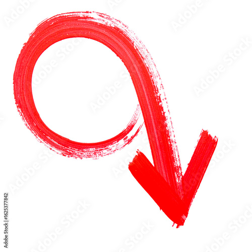 A bold red curved arrow painted with a thick brush on white background, symbolizing direction, emphasis, and dynamic movement..