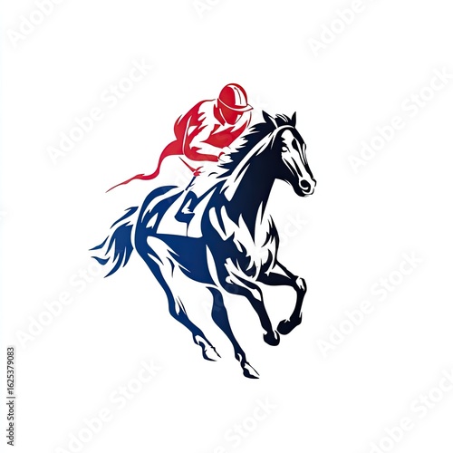 Horse Racing Sport Logo Thoroughbred at full gallop jockey silks flowing finish line tension isolated on white background