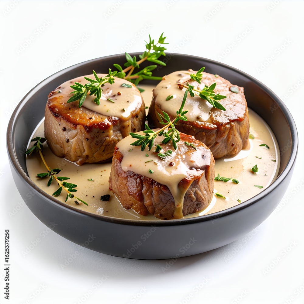 Elegant arrangement of tenderloin medallions with delicate sauce and herbs on white background Elegant arrangement of tenderloin medallions with delicate sauce and herbs on white background