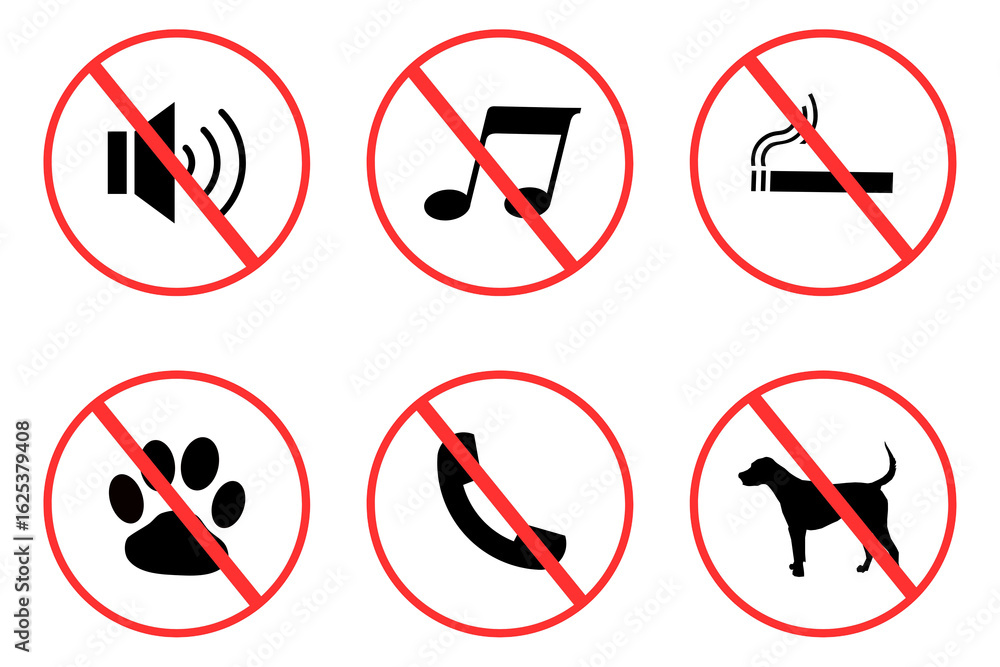 Set of prohibition sign, set of prohibited icons, no sound, no animls, no phone, no music, so song, no cigarettes, no smoking, bg, forbidden, Set of prohibition sign, set of prohibited icons, no sound, no animls, no phone, no music, so song, no cigarettes, no smoking, bg, forbidden,