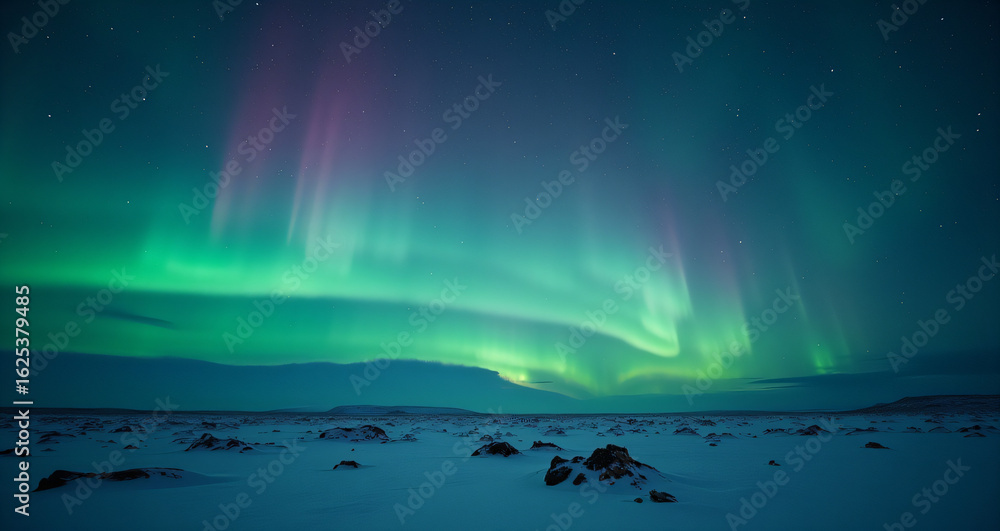 Naklejka premium Vivid Aurora Borealis Over Snow-Covered Landscape Under Starry Night Sky