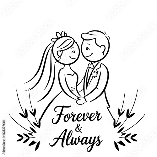 Eternal Bond: A tender black-and-white illustration of a bride and groom in their wedding attire, holding hands with Forever & Always elegantly inscribed below.