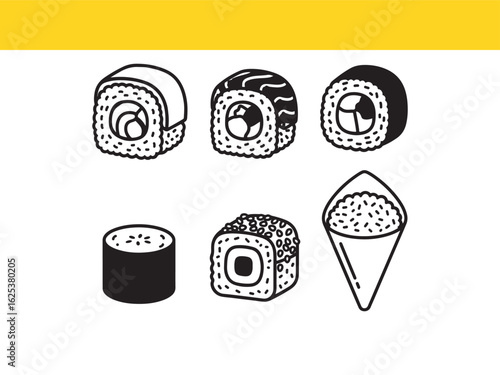 A set of various Japanese sushi rolls and temaki hand roll in a simple black and white line art illustration style.