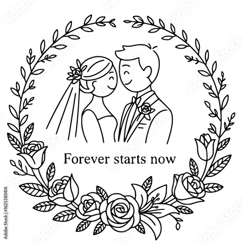 Eternal Vows: An endearing illustration of a bride and groom, surrounded by an elegant floral wreath, celebrating the beginning of their everlasting journey together.