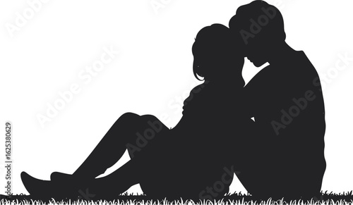 Silhouette of romantic couple sitting on grass, peaceful love moment, emotional connection, nature scene, quiet togetherness, relaxing outdoors