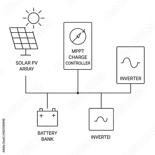 Solar power system diagram with pv array, charge controller, battery bank, and inverter