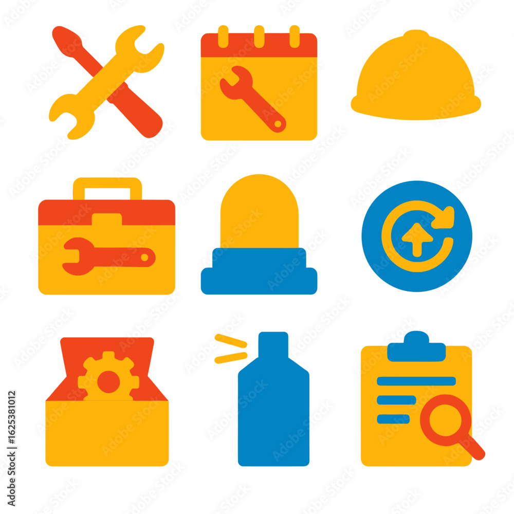 Vibrant maintenance tools and icons on blurred background for modern design