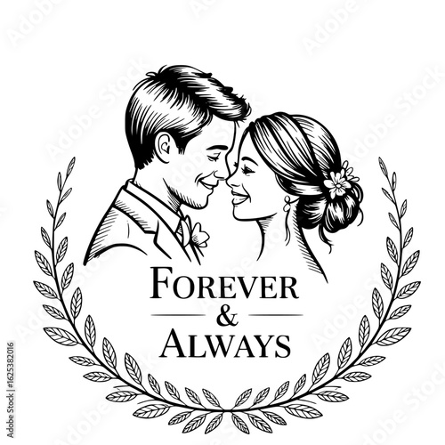 Eternal Union: An elegant illustration of a loving couple, framed by a floral wreath, embodying the timeless vows of Forever & Always.