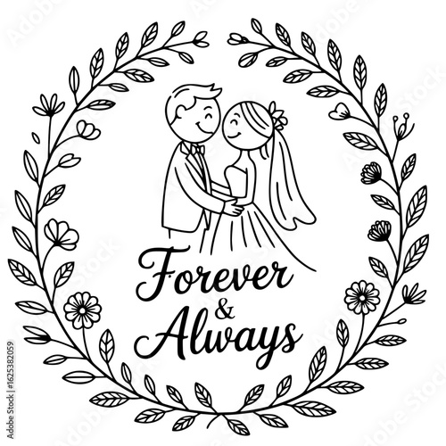 Eternal Embrace: A heartfelt, minimalistic illustration of a couple, embracing within a beautifully crafted floral wreath, symbolizing a love that lasts forever and always. 