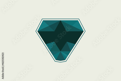 A geometric diamond shape with teal facets and a white border on a light cream colored background