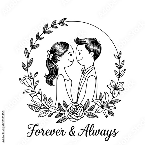 Eternal Bond: A charming, heartwarming sketch of a couple, intertwined in a moment of pure love, forever encapsulated within a floral embrace that whispers of Forever & Always.