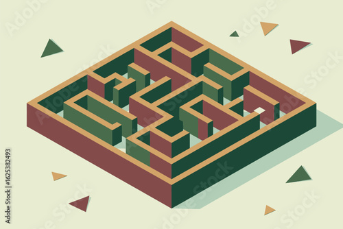 Isometric illustration of a square maze with green and brown walls and scattered triangle shapes around it