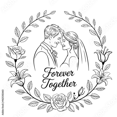 Eternal Bond: An Illustration of everlasting love, a couple's heartfelt embrace framed by delicate flora. Forever Together perfectly encapsulates this tender moment.
