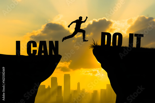 Embracing Challenges: A silhouetted figure fearlessly leaps across a chasm toward the bold affirmation of DO IT, set against a radiant sky and city background.