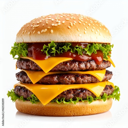 Towering triple cheeseburger with fresh ingredients isolated on white background