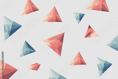Abstract background with geometric triangles in shades of blue and pink scattered on a light surface