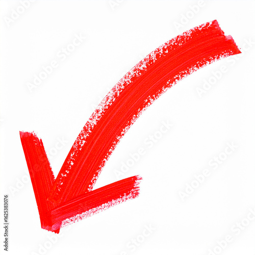 A bold red arrow painted with a thick brush curves downward to the left, symbolizing decline, warning, or redirection.