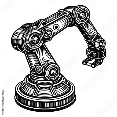 Black and white illustration of a robotic arm robot arm