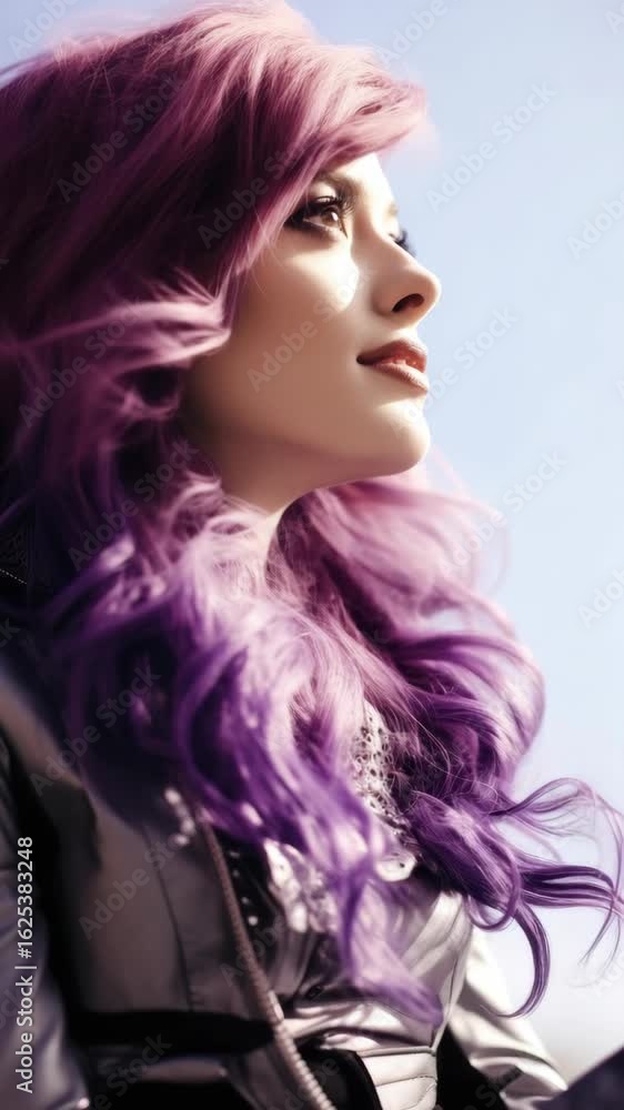A woman with purple hair is sitting outside. She is wearing a jacket and a necklace. The jacket is silver and the necklace is gold A woman with purple hair is sitting outside. She is wearing a jacket and a necklace. The jacket is silver and the necklace is gold