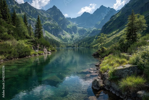 Fototapeta Naklejka Na Ścianę i Meble -  Calm lake reflects the tatra mountains and forests on a sunny day in poland