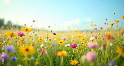 Vibrant Wildflower Meadow Under a Clear Blue Sky in Bright Sunshine
