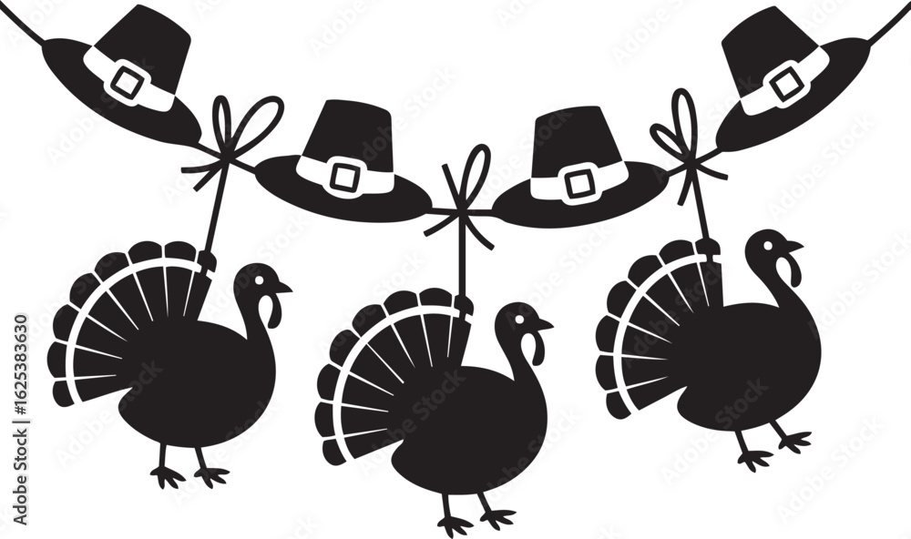 Obraz premium Thanksgiving garland vector with turkey and pilgrim hat silhouettes for holiday decor