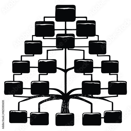 Black silhouette family tree diagram with blank rectangular nodes