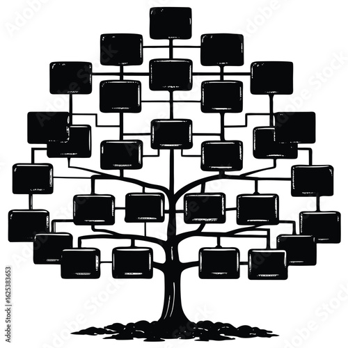 Black silhouette family tree with many blank rounded rectangle nodes