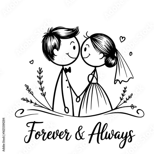 Eternal Bond: A heartwarming sketch of a couple, their hands clasped in a tender embrace, standing together as they are about to start new chapter in their life. Forever & Always.