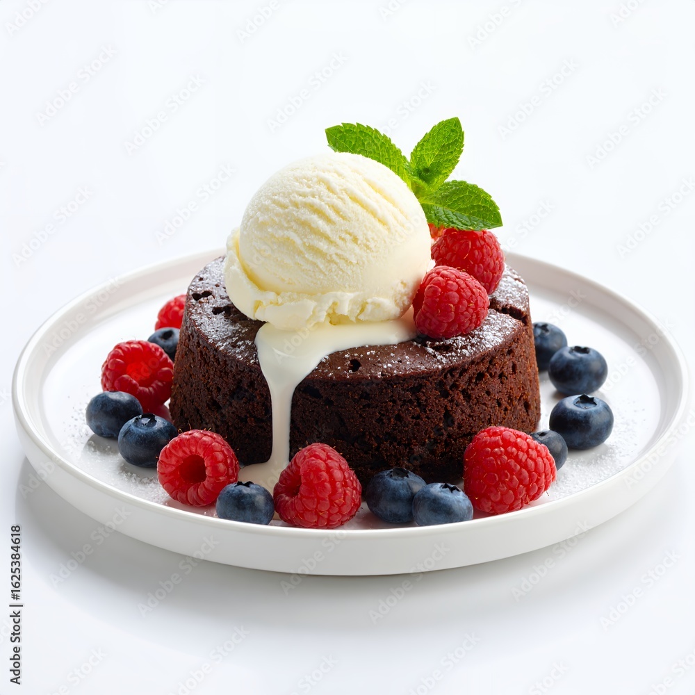Decadent chocolate lava cake with vanilla ice cream and fresh berries on white background Decadent chocolate lava cake with vanilla ice cream and fresh berries on white background