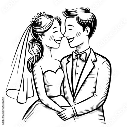 Timeless Love: A classic monochrome illustration depicts a tender moment between a bride and groom, their faces radiating joy and anticipation as they embark on their journey together.