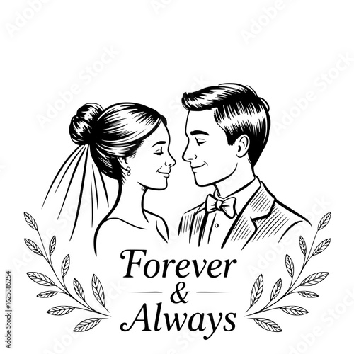 Forever & Always: A timeless symbol of love, a tender illustration captures the tender glances exchanged between a newlywed couple, sealed with a vow of Forever & Always in elegant typography.