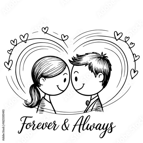 Forever & Always: Hand-drawn couple, enveloped in a heart-shaped embrace. capturing a timeless testament to the enduring bond of love and the promise of forever. 