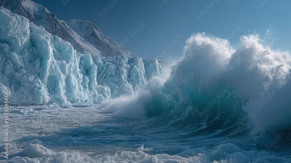 Fototapeta premium collapsing ice wall in Arctic region, huge splash of meltwater, dramatic nature photography