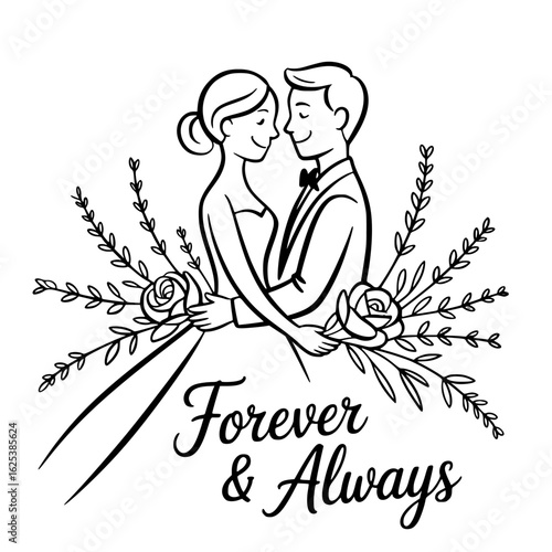 Eternal Love: A tender illustration depicts a romantic couple embraced amidst delicate floral elements, a perfect symbol of everlasting affection.
