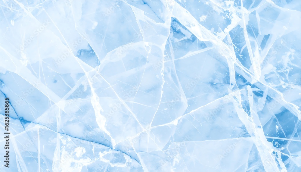 Obraz premium Detailed closeup of a frozen ice surface with a network of intricate white cracks, creating a beautiful abstract natural pattern in cool blue and white tones. Winter texture background.
